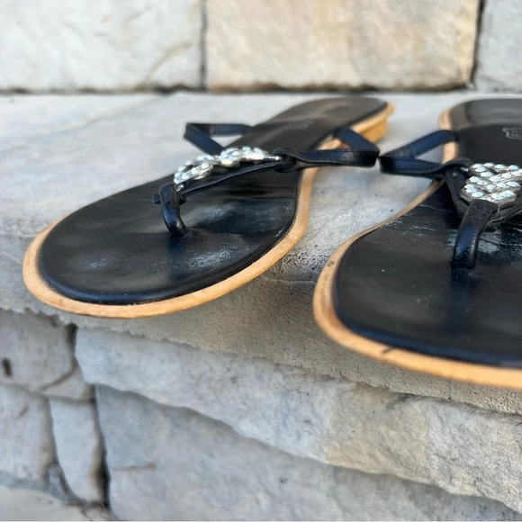 BLACK leather thin strap sandals with rhinestones Sz 38 - Picture 7 of 8